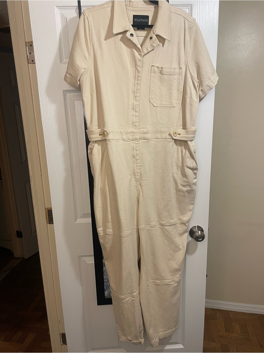 Wildfang Cream Short-Sleeve Utility Jumpsuit